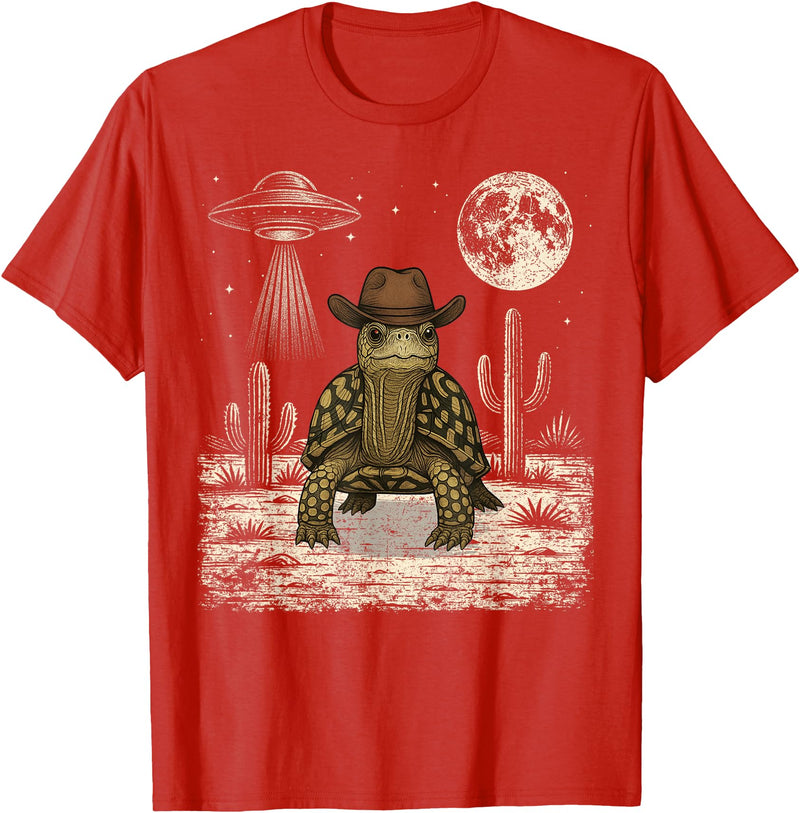 Retro Land Turtle Lover Halloween Moon Funny Eastern Box Turtle Cowboy Western UFO T-Shirt - Red