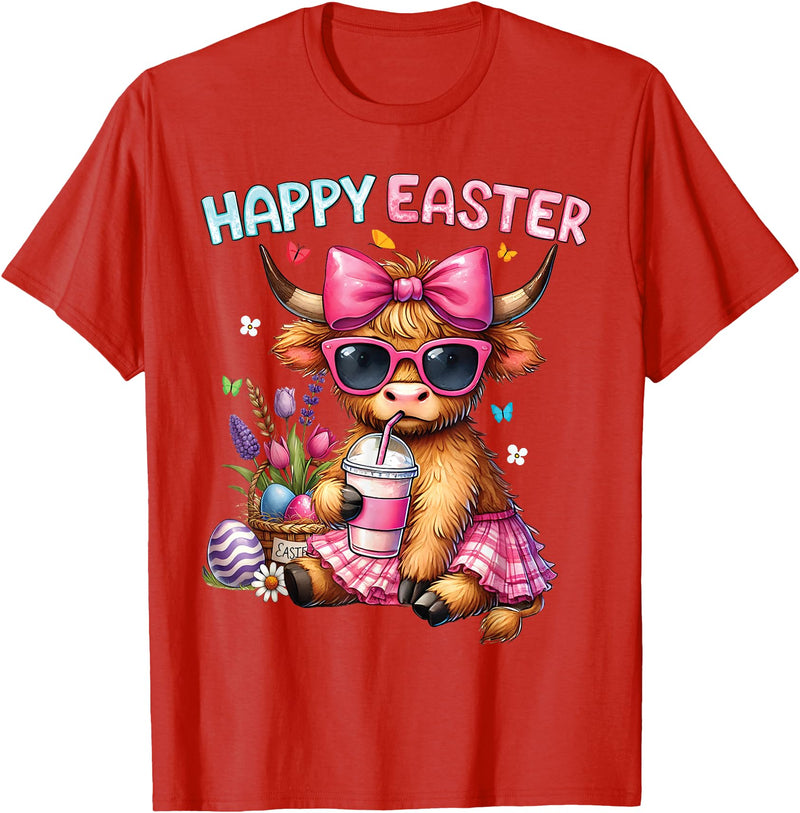 Farm Animal Highland Cow easter Gifts Happy Easter Day Highland Cow Cute Holiday Bunny Women Kids T-Shirt - Red