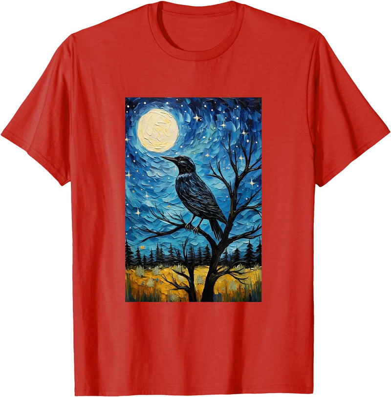 Bird Designs. Magpie Crow Raven Bird Van Gogh Style Starry Night Graphic T-Shirt - Red