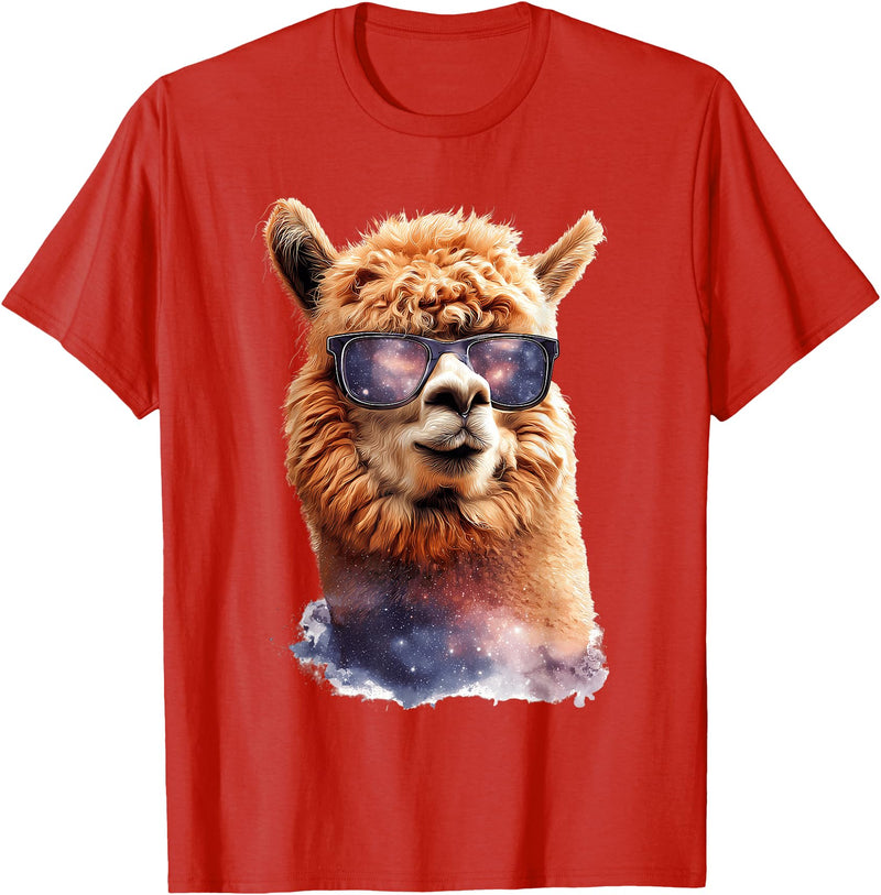 Funny Llama Lover Graphics Alpaca with Sunglasses Animal Art Graphic Funny Llama T-Shirt - Red