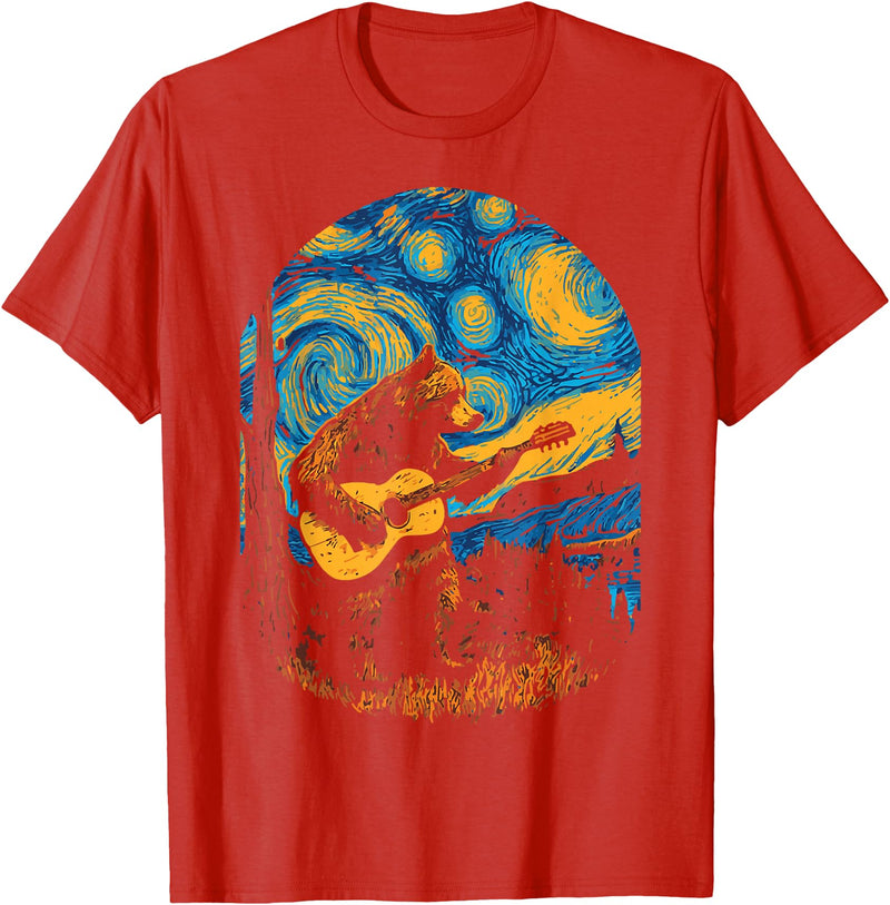 Bear playing Guitar Night-Sky Moon Guitar Grizzly Bear Blues Guitarist Starry Night Musician Music T-Shirt - Red
