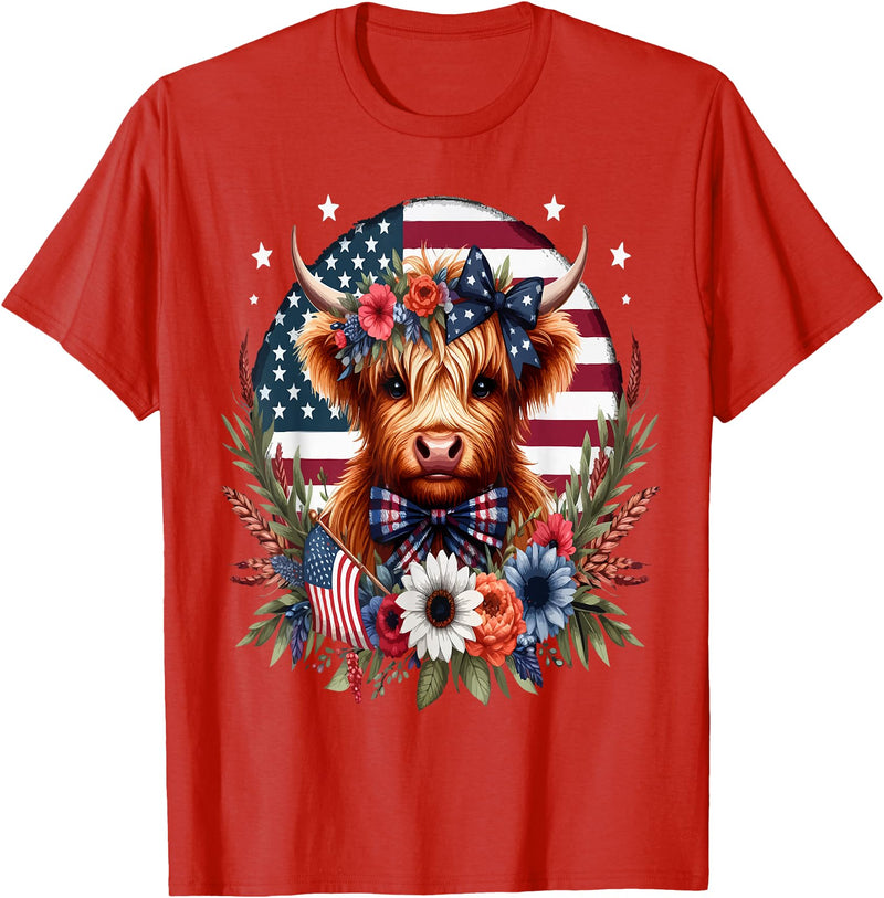 Funny July 4th Highland Cow Farm Lovers Gift Ideas Cute Highland Cow Florals 4th of July USA Flag Patriotic T-Shirt - Red