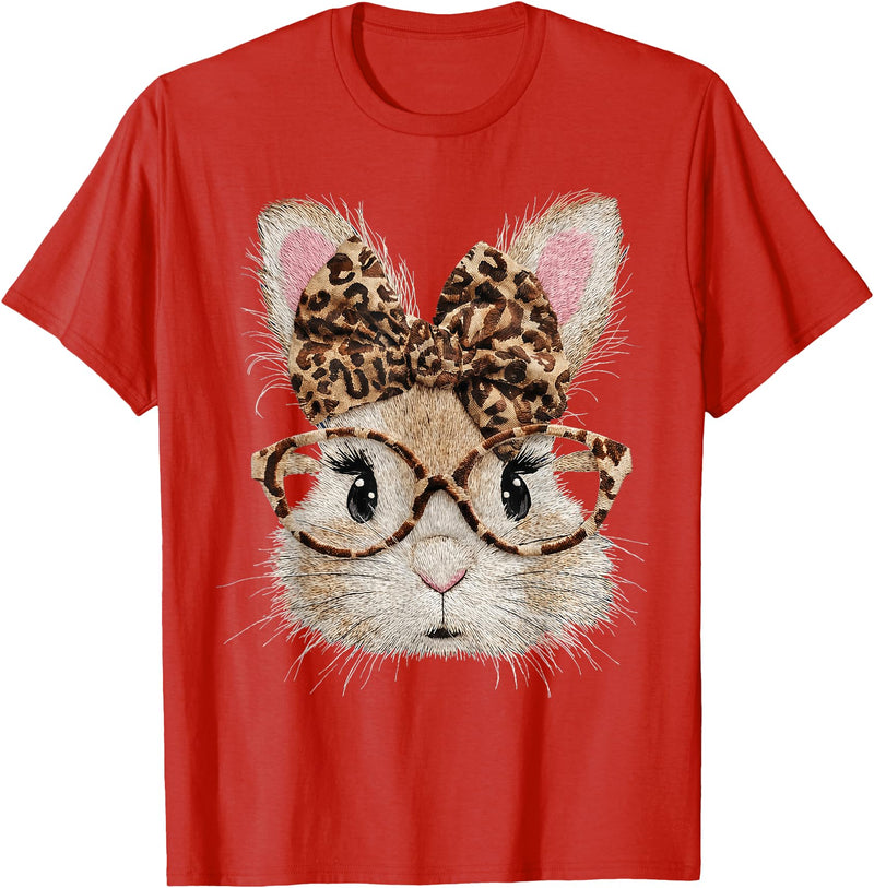 Cute Bunny Rabbit Face Leopard Coquette Bow Glasses Easter T-Shirt in Red