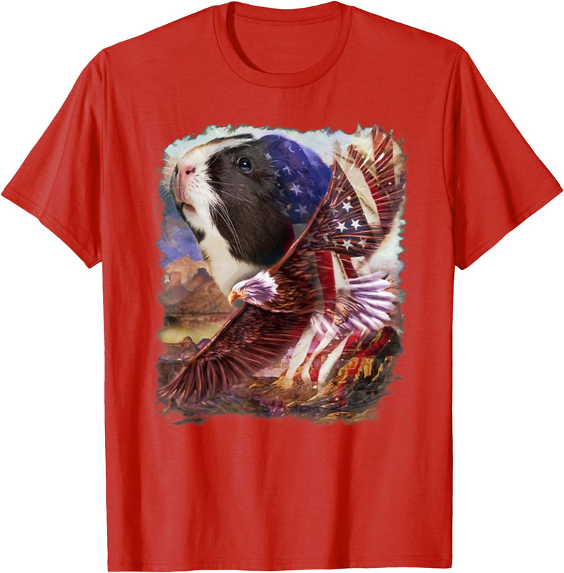 Guinea Pig American Flag 4th July Independence Eagle Women Kids Men T-Shirt - Red