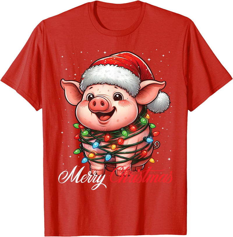 Wrapped with Christmas Lights Merry Christmas Pig Merry Christmas Lights Santa Hat Xmas Snow T-Shirt - Red