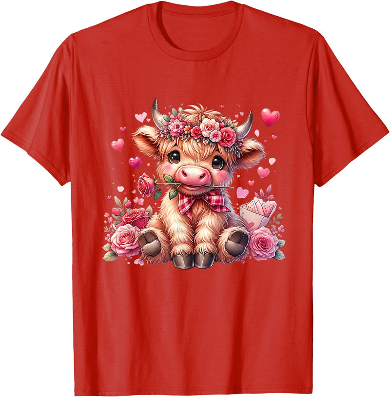 Happy Valentine Highland Cow Costume Love Clothing Valentine Highland Cow Print Cute Love Heart Flowers T-Shirt - Red