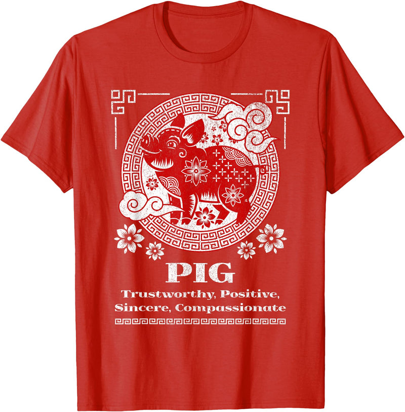 Chinese Zodiac Pig T-Shirt - Red, Small, Short Sleeve, Mandarin Collar, Unisex-Adult - Red