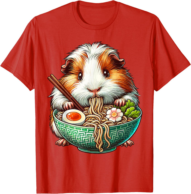 Cute Guinea Pig Gifts Guinea Pig Eating Ramen Japanese Noodles T-Shirt - Red