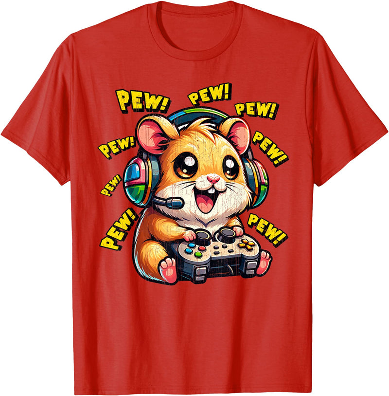 Hamster Gamer Pew Funny Video Games Vintage Boys Men Girls T-Shirt - Red