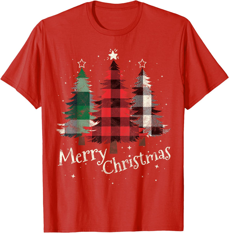 Merry Christmas Apparel Matching Family Clothes Merry Christmas Three Xmas Trees Buffalo Plaid Woman Gift T-Shirt - Red