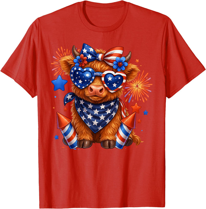 Cute Highland Cow 4th of July USA Flag Patriotic Cow Farmer T-Shirt - Red