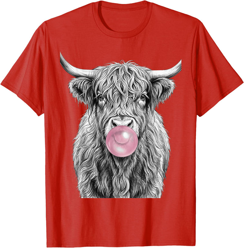 Bovine Bubbles Apparel Shaggy Highland Cow Blowing Bubble Gum Sketch T-Shirt - Red