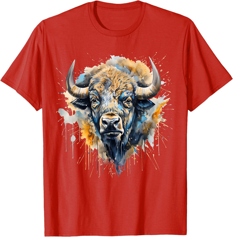 Safari Animal Art Buffalo Portrait Colorful Splash Artwork Wildlife Bison T-Shirt - Red
