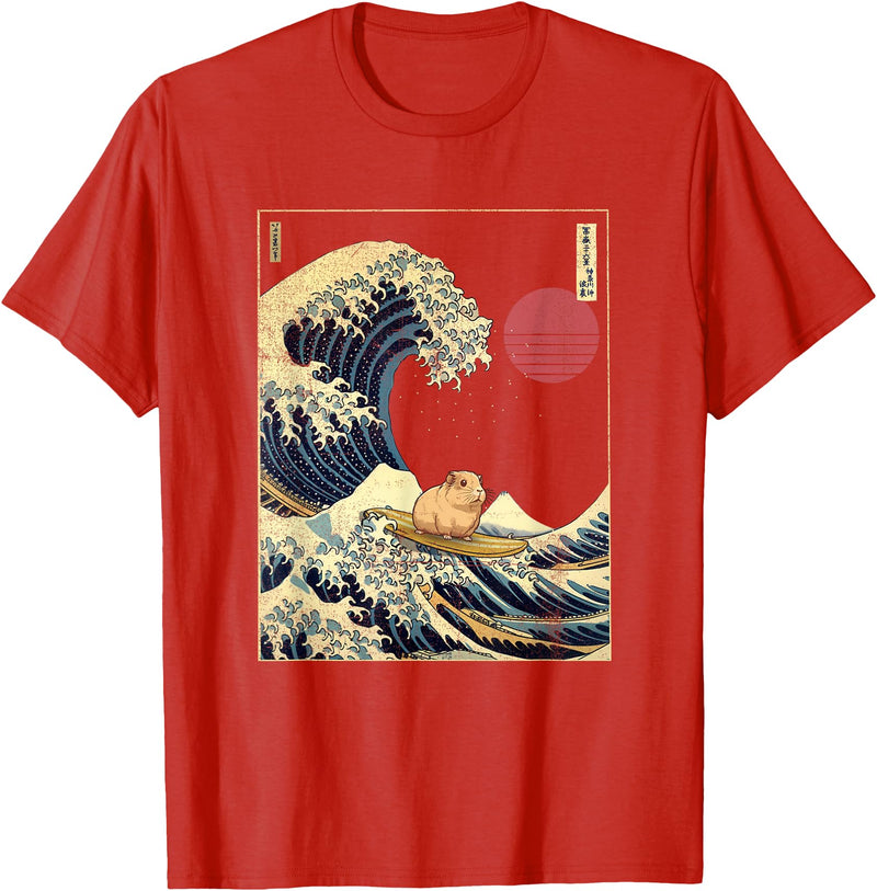 AxisNagawa Guinea Pig Kanagawa Wave Funny Surf Animal T-Shirt - Red