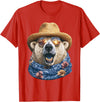 Whimsical Coastal Animals Beachgoers Cute Polar Bear with Sunglasses and Straw Hat Animal Summer T-Shirt - Red
