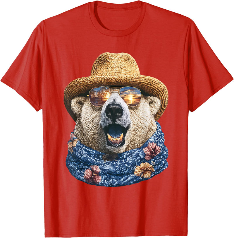 Whimsical Coastal Animals Beachgoers Cute Polar Bear with Sunglasses and Straw Hat Animal Summer T-Shirt - Red