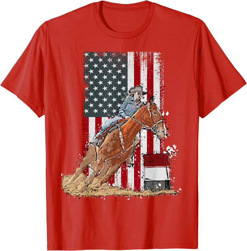 Funny horse barrel racing designs US Flag State Pride Barrel Racing Horse Rodeo Cowgirl T-Shirt - Red