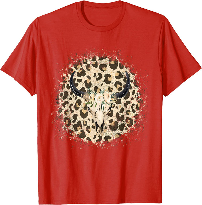Funny Leopard Cow Skull designs Funny Leopard Cow Skull print Flower Rustic Turquoise T-Shirt - Red