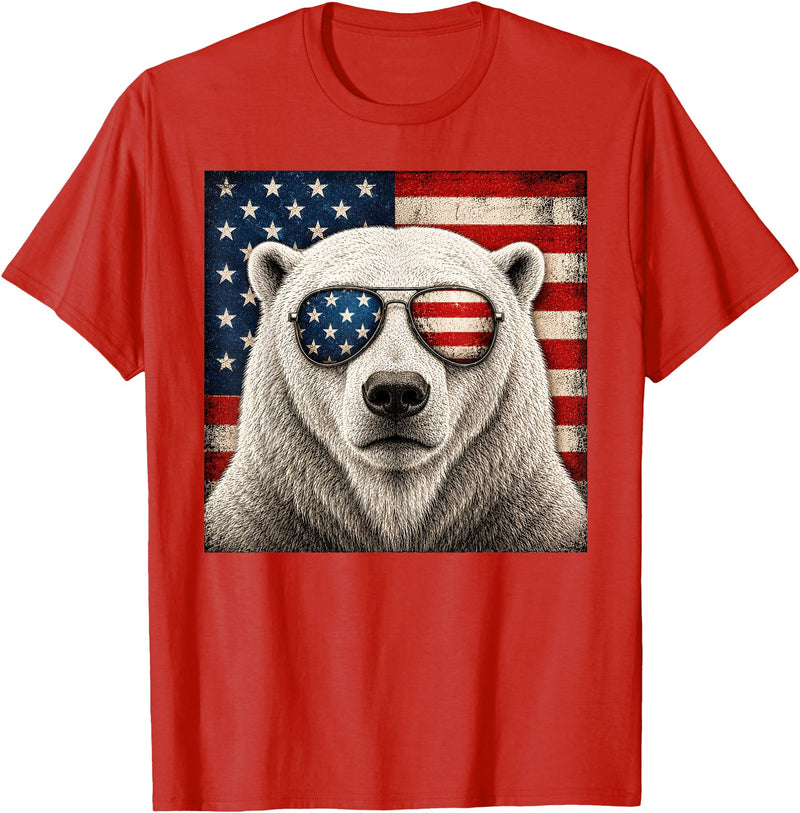 Retro Polar Bear USA Sunglasses July Fourth Polar Bear 4th of July US American Flag Patriotic T-Shirt - Red