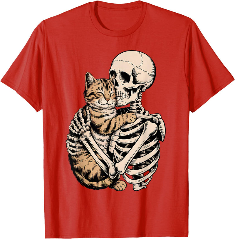Halloween Skeleton Holding Cat Halloween Gift Idea Skeleton Hugging Cat Halloween Cat Lover Men Women Kids T-Shirt - Red