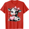 Cow Farmer Coquette Bow Tees Cute Baby Cow with Pink Coquette Bow Holding Heart T-Shirt - Red