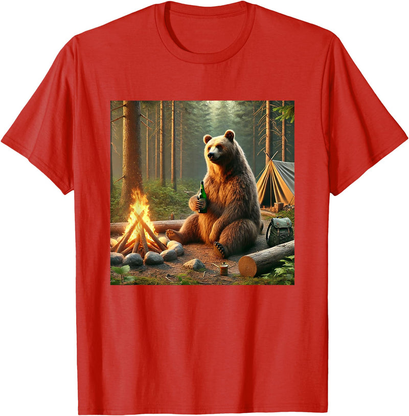 Wildfire Adventure Awaits Co. Bear Camping by the Campfire. Nature Adventure Funny Garment T-Shirt - Red