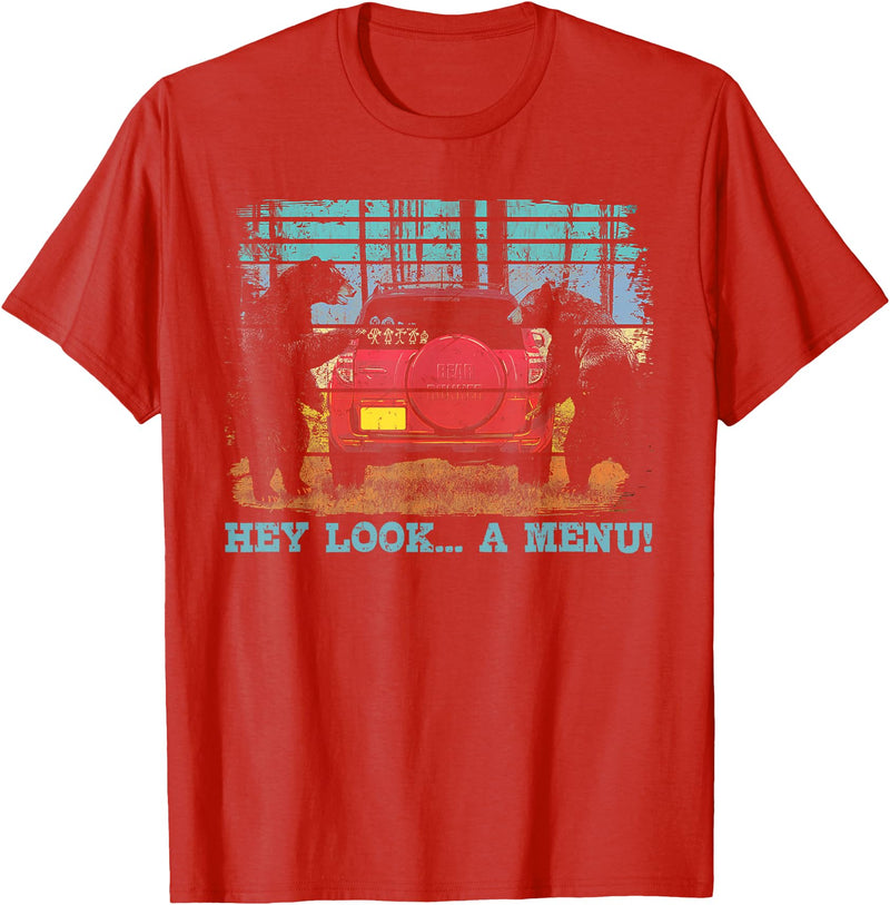 Funny Camping Lovers Gift Tee Hey Look A Menu Funny Bear Camping Retro Vintage Camper Car T-Shirt - Red