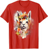 Llama Bloom Studio Cute Llama Floral Crown Watercolor Animal Art T-Shirt - Red