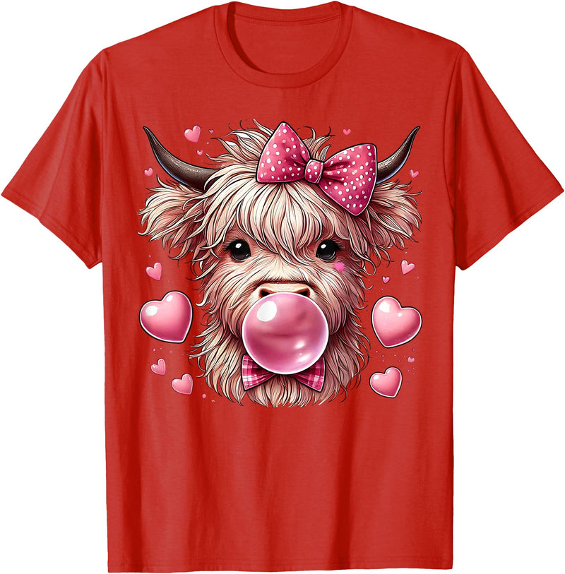 Highland Cow Land of NYC Highland Cow Valentines Blowing Bubble Bubblegum Hearts Bow T-Shirt - Red