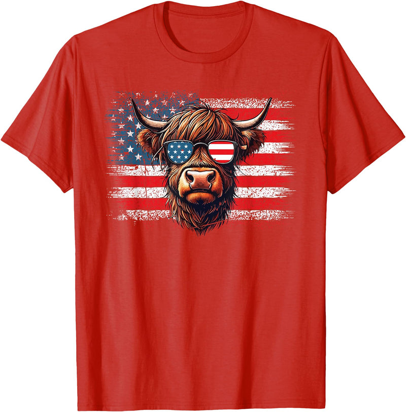 Funny Cute Highland Cow 4th Of July Farmer Gifts Highland Cow American Flag Farm Cow Lover Patriotic Vintage Style T-Shirt -