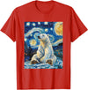 Bear Designs. Cute Polar Bear Van Gogh Style Starry Night Funny Graphic T-Shirt - Red
