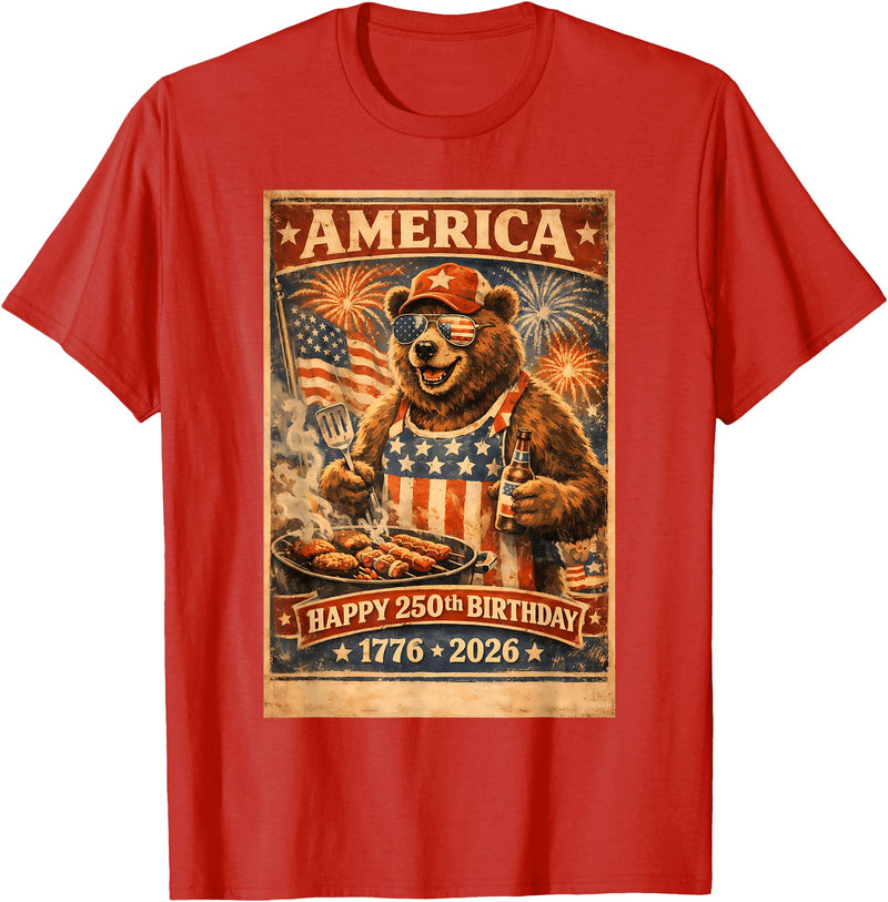 USA Birthday 250th American Spirit Tees All Ages Celebrate 250 Years with Fun Bear BBQ Graphic T-Shirt - Red