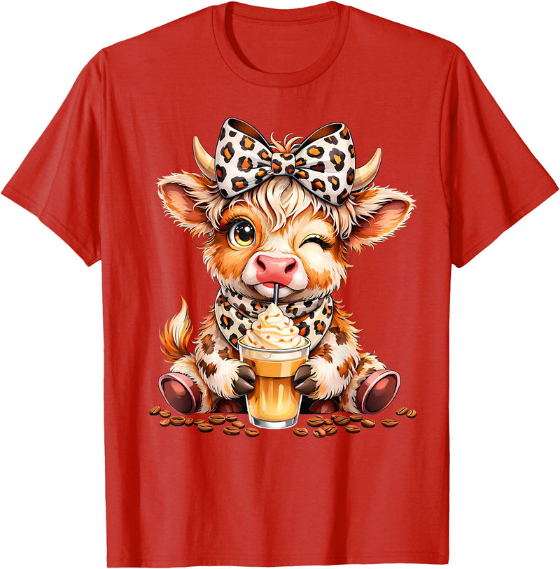 Cute Highland Cow Coffee Addict Leopard Bow Highland Cow Coffee Addict Funny Drink Coffee T-Shirt - Red