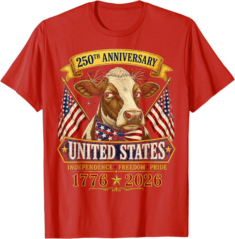 Patriotic 250 Years of Freedom 1776-2026 250 Years America Cow Patriotic USA 4th of July T-Shirt - Red