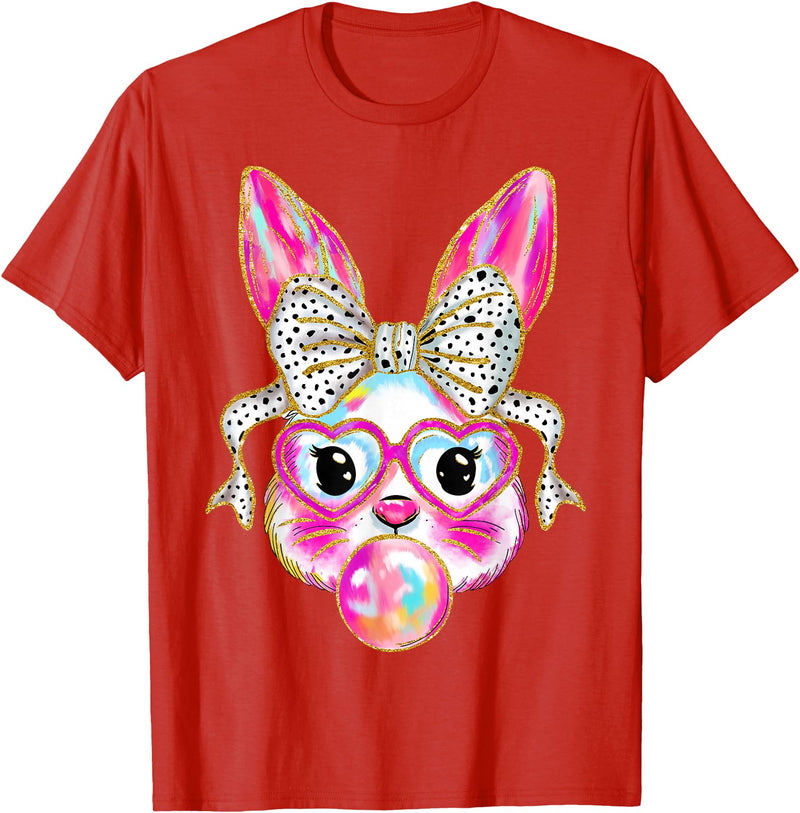 Cute Easter Bunny Bubble Gum Coquette Bow for Girls Women T-Shirt in Red