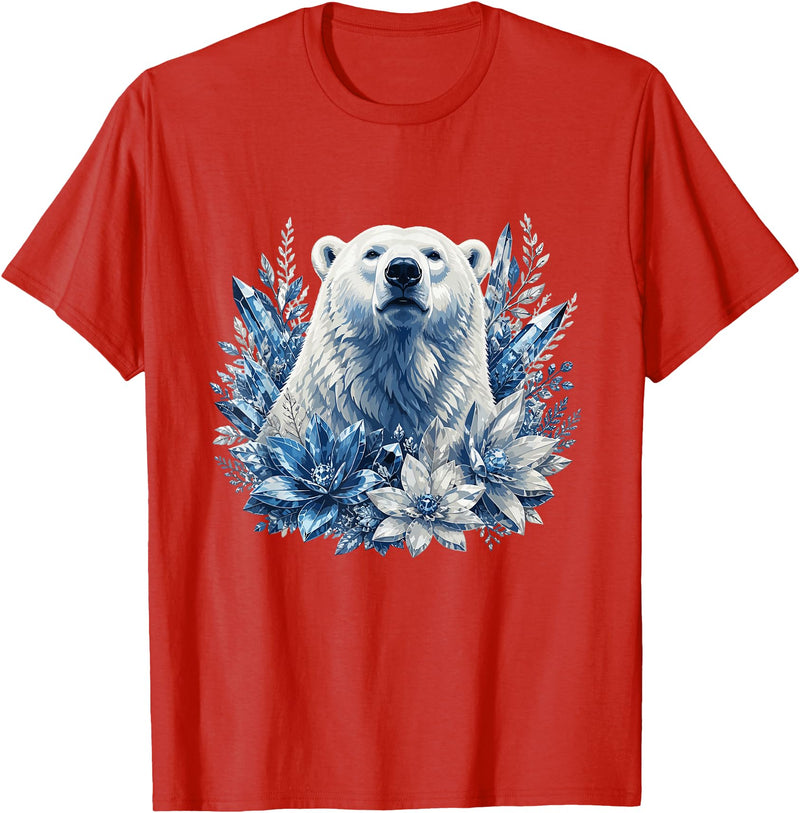 Arctic Polar Bear Winter Floral Nature Ice Blue Snow Polar Bear with Winter Flowers T-Shirt - Red