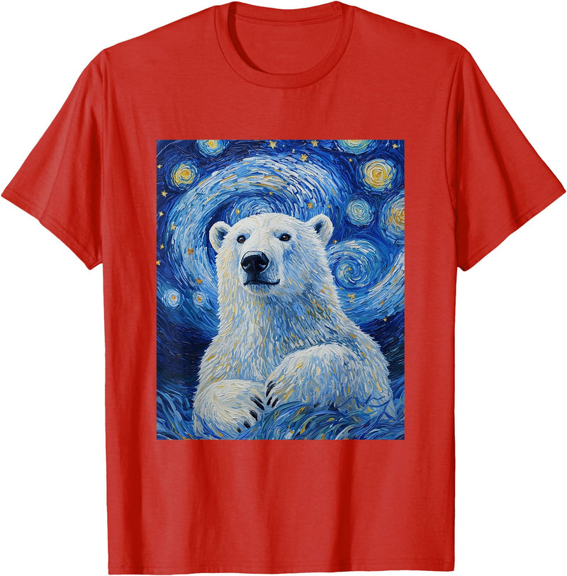 Bear Designs. Cute Polar Bear Van Gogh Style Starry Night Graphic T-Shirt - Red