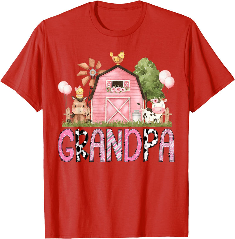 Pink Farm Cow Gender Reveal Grandpa Pink Farm Animal Birthday Kids Matching Family T-Shirt - Red