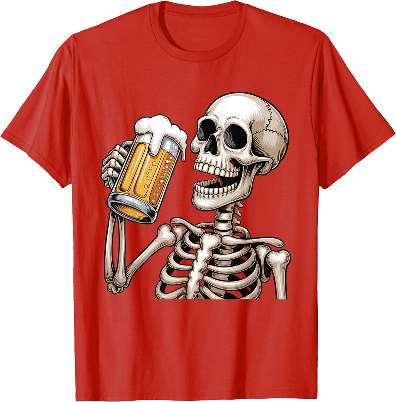 Halloween Skull Skeleton Drinking Beer Funny Kids Skeleton Drinking Beer Halloween Spooky Season Mens Womens T-Shirt - Red