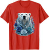 Arctic Polar Bear Crystal Rose Winter Spirit Majestic Polar Bear with Blue Ice Crystal Roses T-Shirt - Red