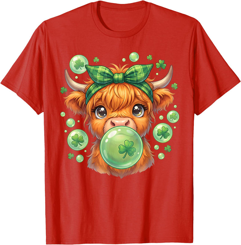 St. Patricks Day Highland Cow Blowing Bubblegum Celebrate St Patricks Day T-Shirt - Red