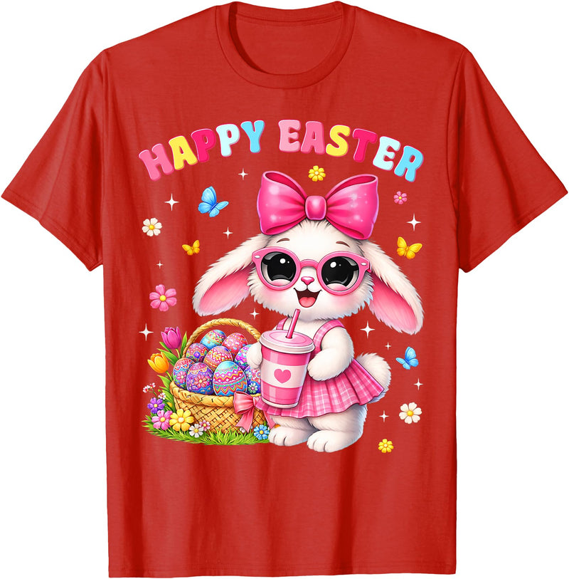 Happy Easter Coquette Easter Egg Rabbit Bunny Women Girl Kid T-Shirt in Red