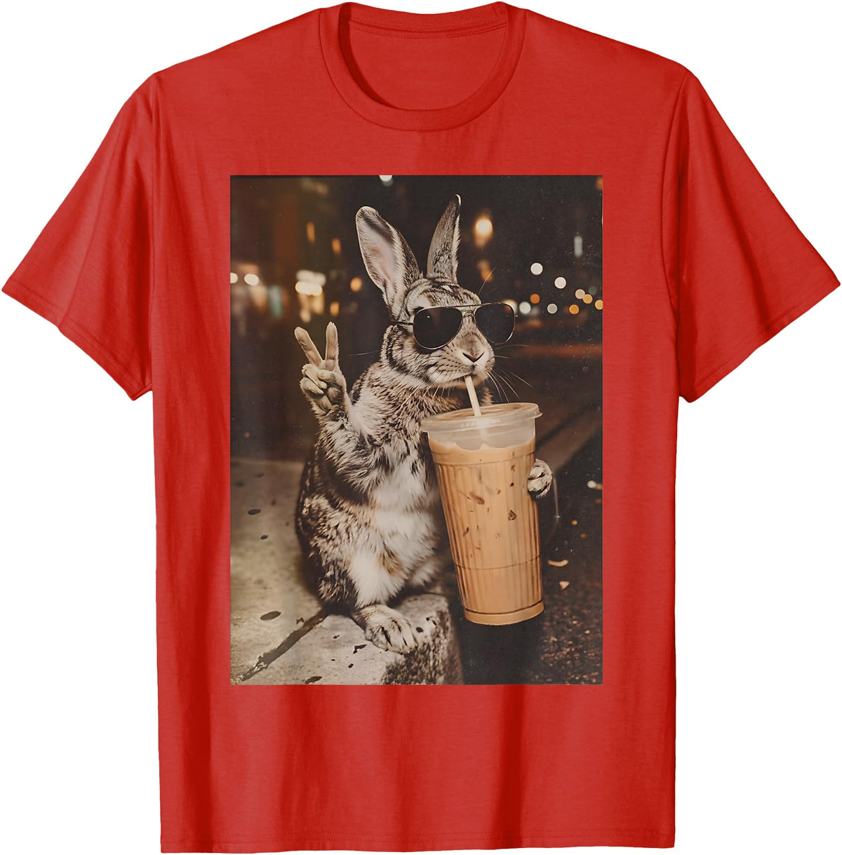Rabbit Drinking Iced Coffee Funny Easter Bunny Men Women T-Shirt in Red
