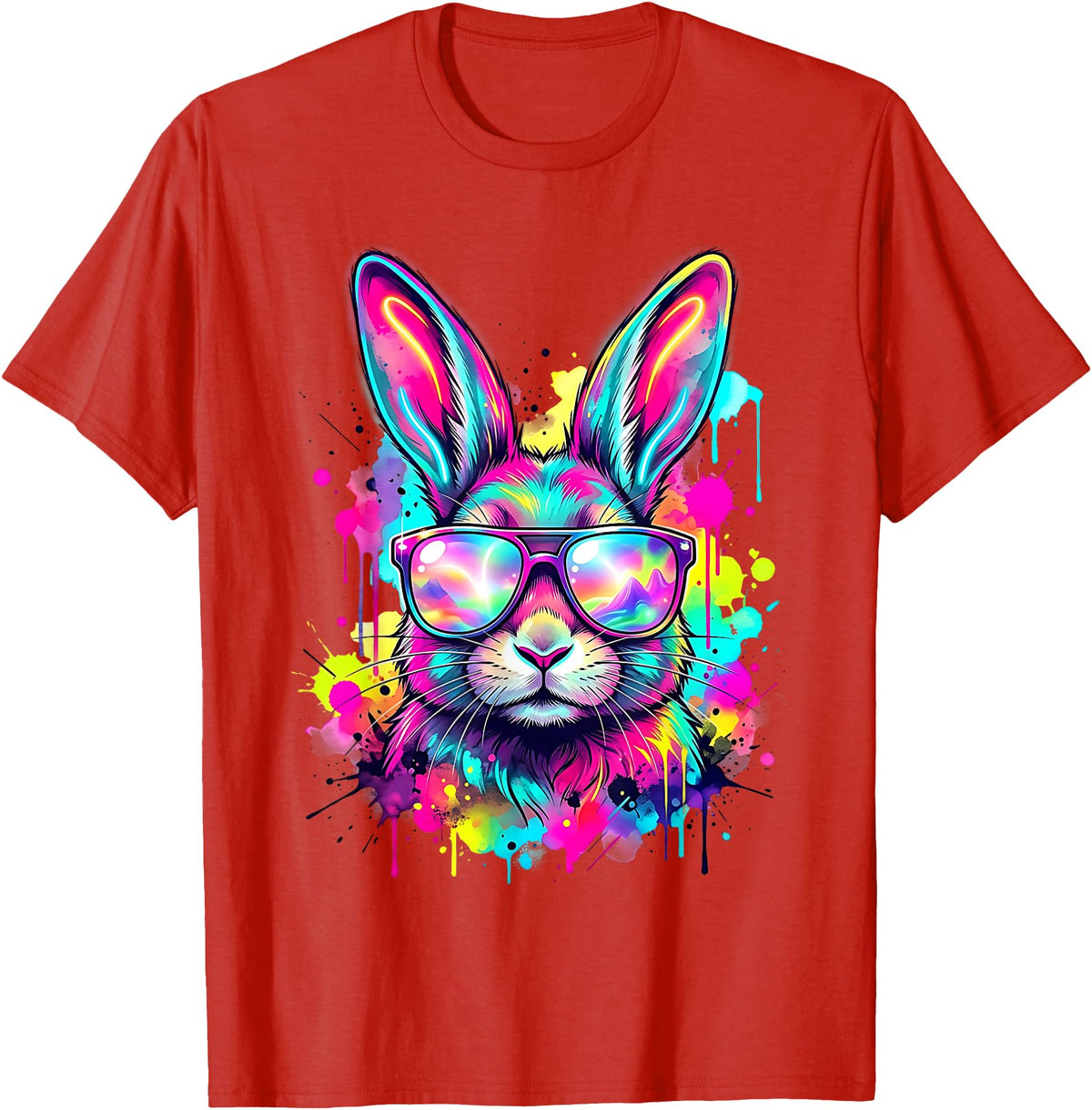 Happy Easter Bunny Face Tie Dye Bunny Rabbit with Glasses T-Shirt in Red