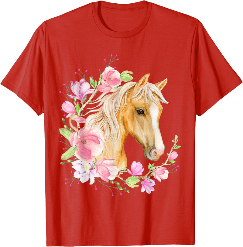 DB Trading Post Palomino Horse, Magnolias, Horse Lovers, Blonde Horse Floral T-Shirt - Red