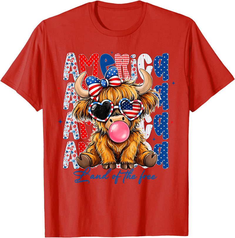 America Land Of The Free Highland Cow 4th of July America 1776-2026 Land of The Free Highland Cow 4th of July T-Shirt - Red