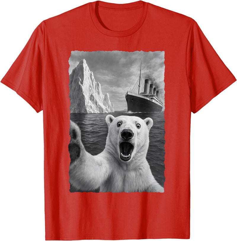 Funny Polar Bear Selfie Titanic T-Shirt - Red