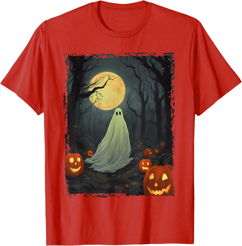Dibble Dabble Designs Halloween Vintage Ghost in Gothic Forest Full Moon Halloween T-Shirt - Red