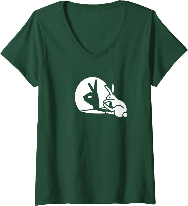 Womens Funny Rabbit Hand Shadow Projection Bunny Hare V-Neck T-Shirt in Dark Green