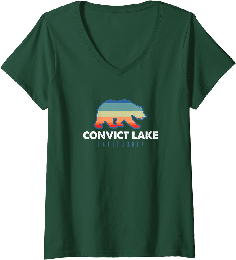 Convict Lake Shirts Womens Convict Lake California Sunset Bear Outdoors Boating Fishing V-Neck T-Shirt - Dark Green